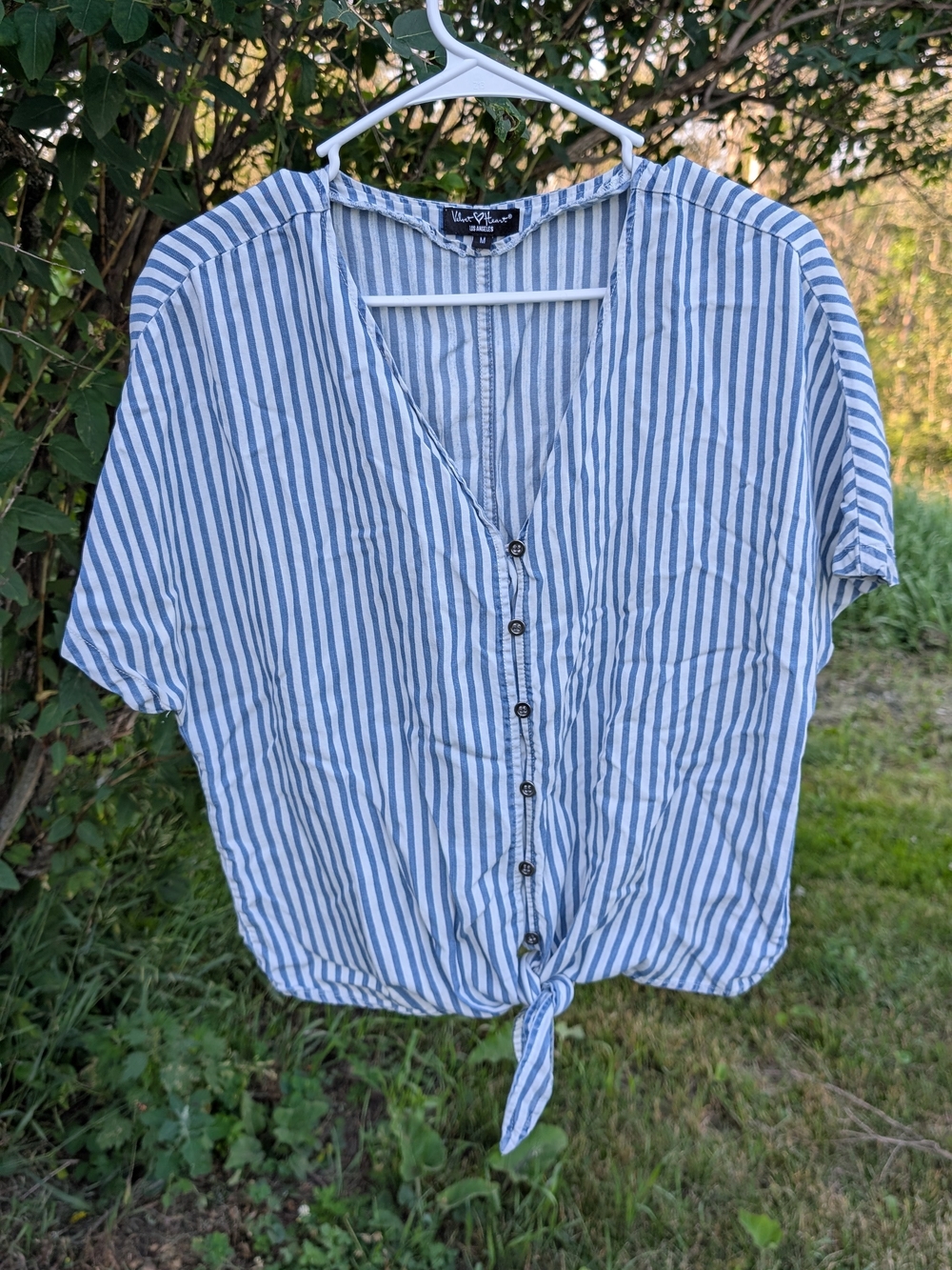 Velvet Heart Blue and White Striped Button-Front Tie Shirt